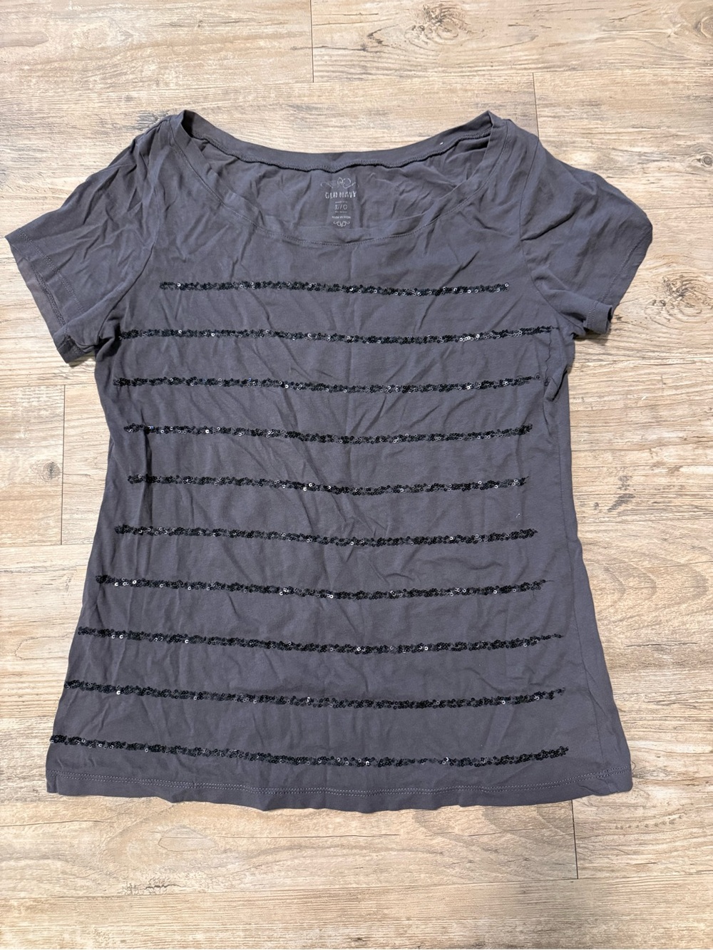 Old Navy Charcoal Short Sleeve Tee with Black Sequin Stripes